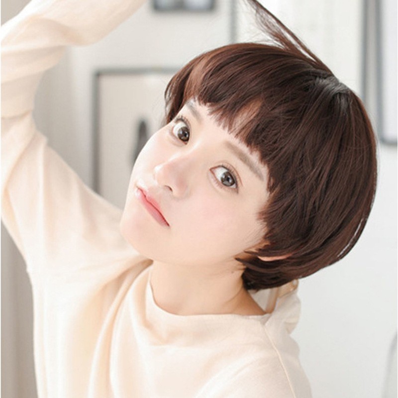 Wholesale wig female short straight hair mushroom head Neat bangs round face lovely short hair chemical fiber head cover