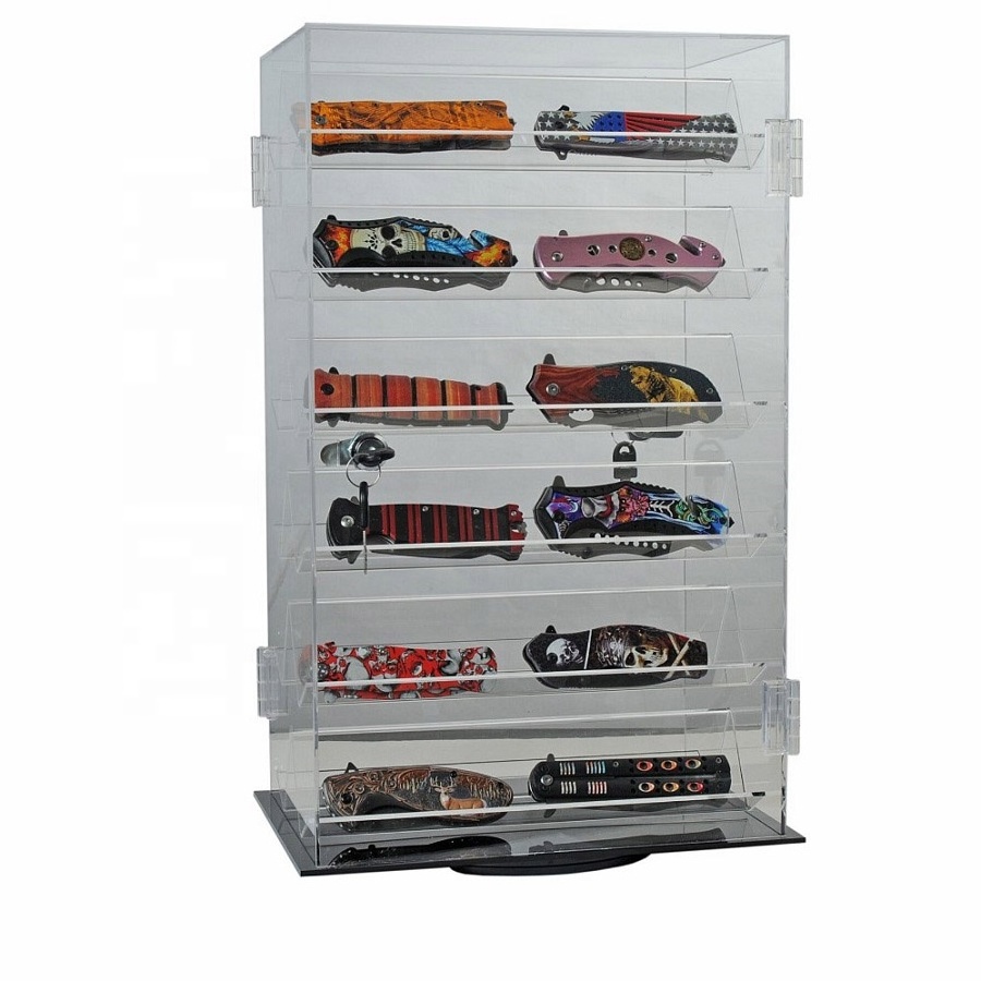 Modern Rotating Acrylic Knife Display Case with Lock