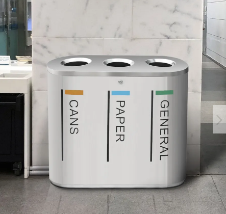 Factory manufacture airport modern stainless steel  3 compartment dustbin recycle litter collection trash can