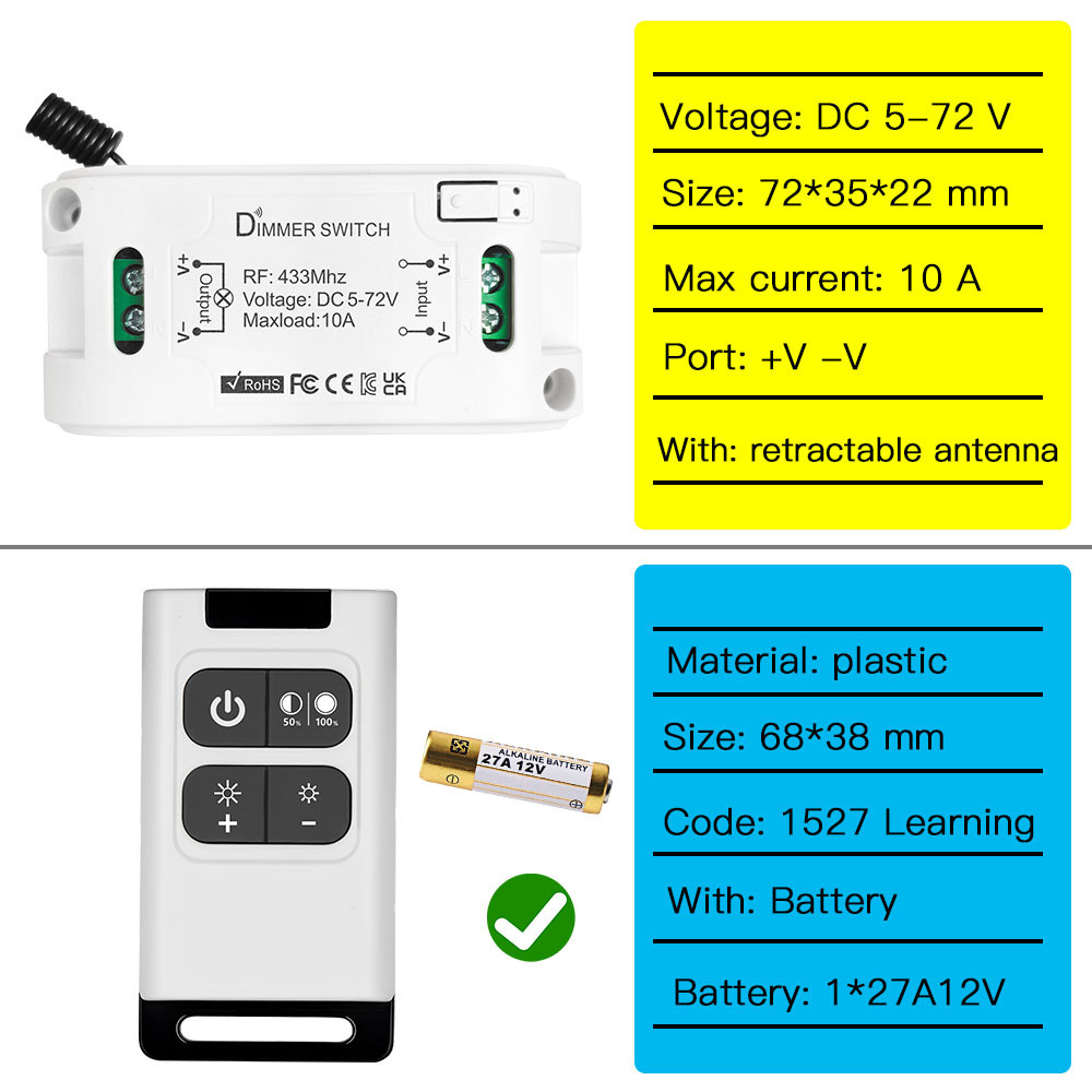 Wireless 433MHz DC 5V 12V 24V 48V LED Dimmer Switch Light Brightness Adjustable Remote Controller Dimmable Module Transmitter