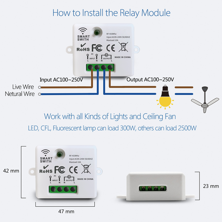 433MHz AC 110V 220V Light Switch Wireless Remote Control Switch 10A Receiver Module for Fan Bulb LED