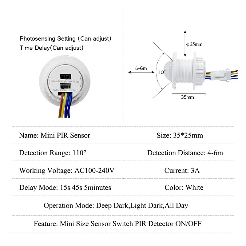 AC 100-240V Panel Mounted LED PIR Detector Infrared Motion Sensor Switch 220V with Time Delay Adjustable Selector Switch