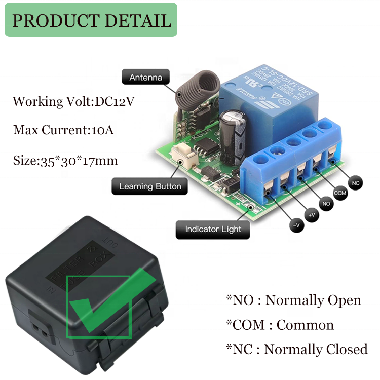 Remote control switch, 12V single channel relay module RF wireless switch receiver equipped with portable remote control