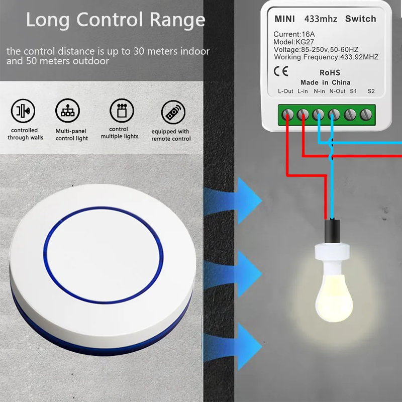 433mhz Rf Remote Control Switch AC 220V 16A Relay Receiver Can Connect Traditional Switch and Wireless Push Button Wall Panel