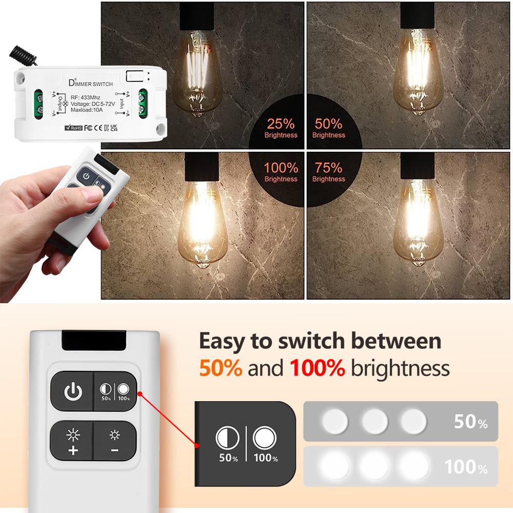 Wireless 433MHz DC 5V 12V 24V 48V LED Dimmer Switch Light Brightness Adjustable Remote Controller Dimmable Module Transmitter