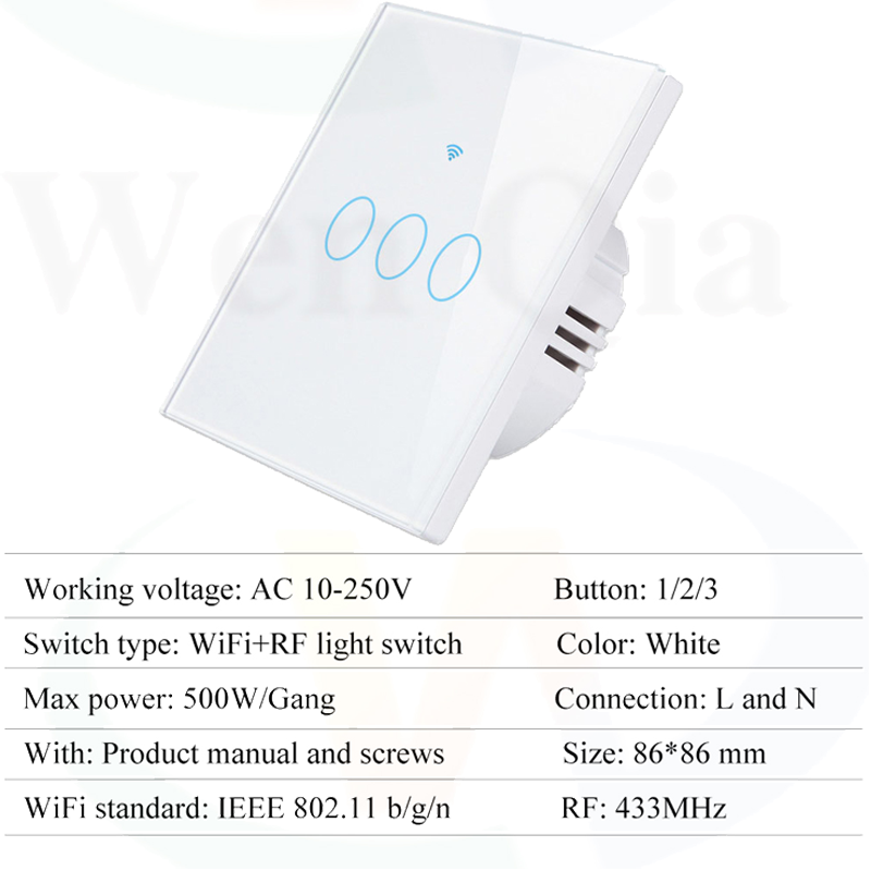 Touch screen smart light switch remote control via app smart life neutral and live wire wall switch wifi