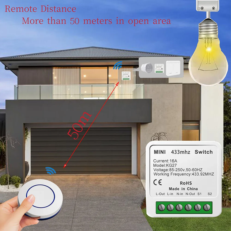 433mhz Rf Remote Control Switch AC 220V 16A Relay Receiver Can Connect Traditional Switch and Wireless Push Button Wall Panel