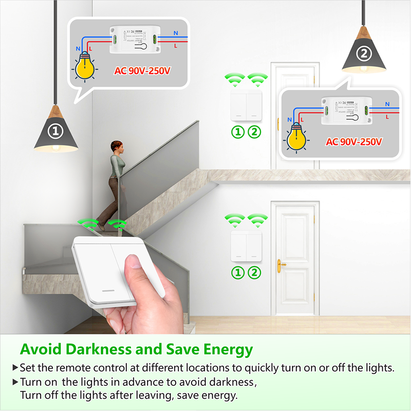 Factory Supply RF433 Wireless Switch controller LED Light Switch 2 gang Button Battery Panelwith night light Wall Switches