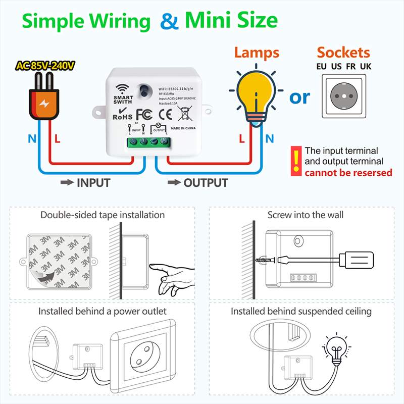 Switch Tuya  Mini RF 433Mhz WiFi Relay Module Controller Smart Life APP Light Wall Timer Google Home Alexa 110V 220V