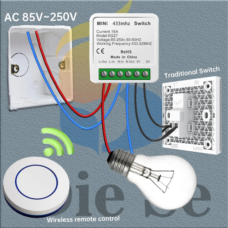 433mhz Rf Remote Control Switch AC 220V 16A Relay Receiver Can Connect Traditional Switch and Wireless Push Button Wall Panel