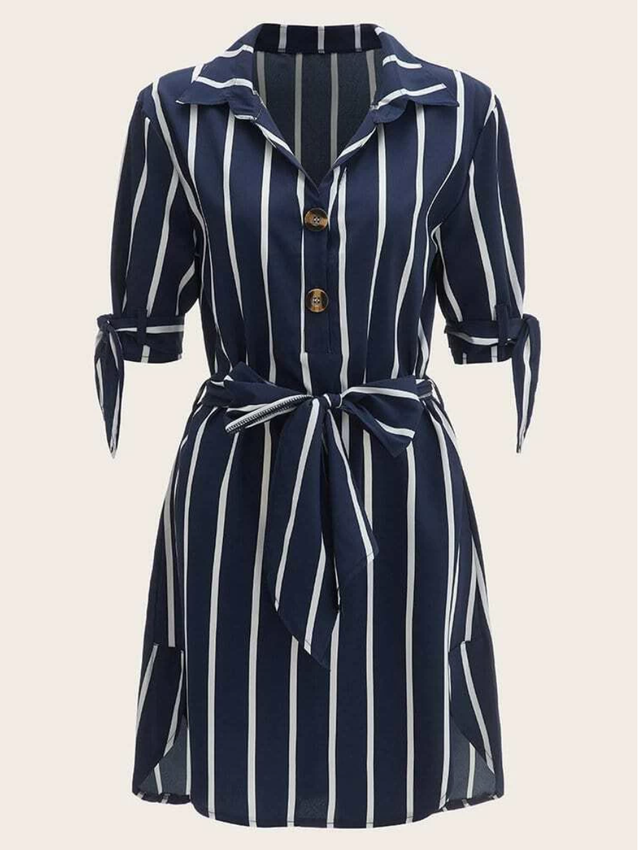 Half Sleeve Fashion Women's Blouses Shirts Dress Navy And White Stripe Ladies Shirt Dresses Women Casual With Belt