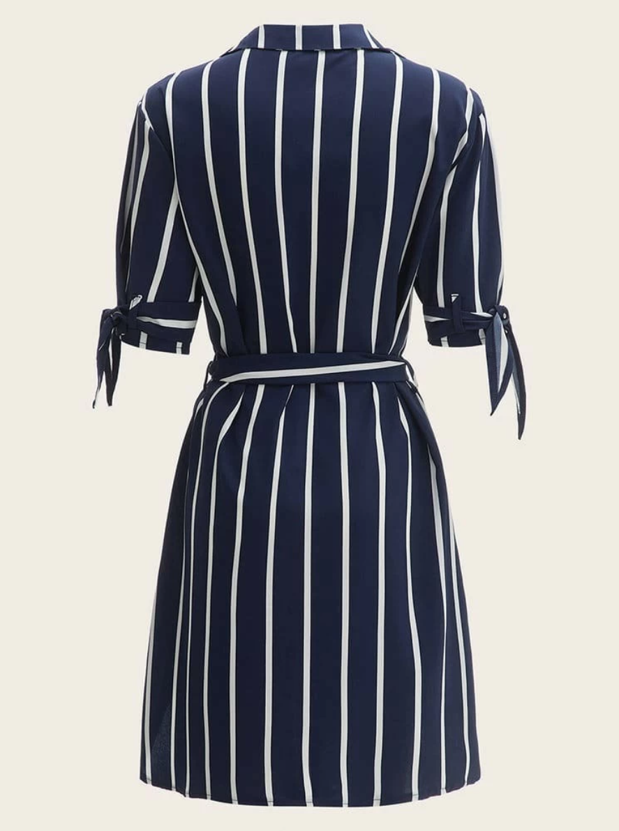 Half Sleeve Fashion Women's Blouses Shirts Dress Navy And White Stripe Ladies Shirt Dresses Women Casual With Belt