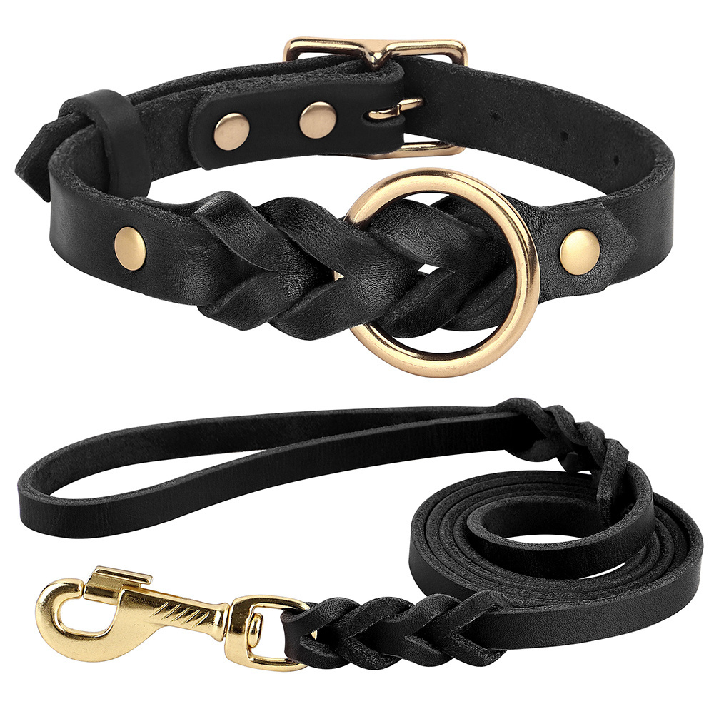 Genuine Leather Dog Collar Leash Set Braided Durable Leather Dog Collars For Medium Large Dogs German Shepherd Pet Accessories