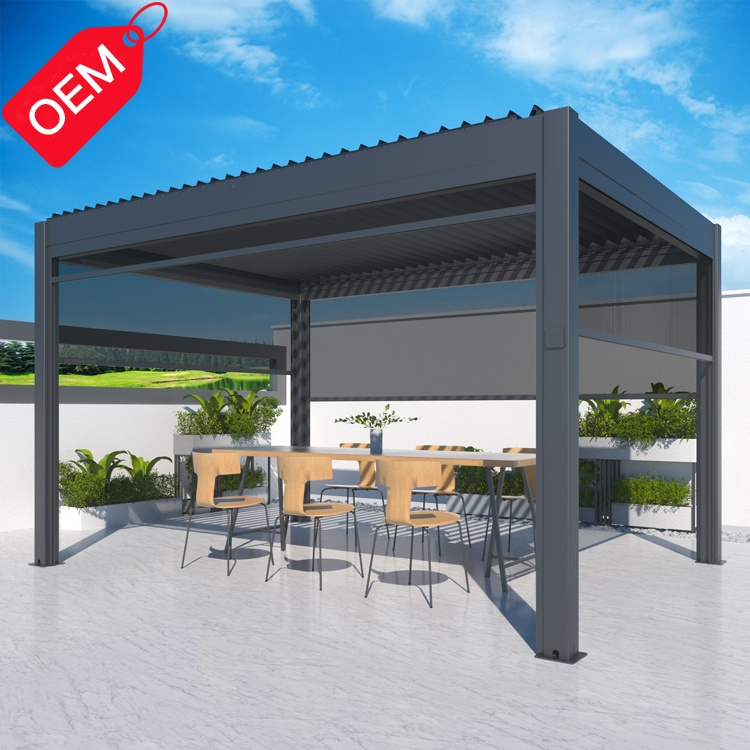 OEM Electric Pergola System Kits Terrace Gazebo Garden Aluminum Louver Roof Pergola with Curtain