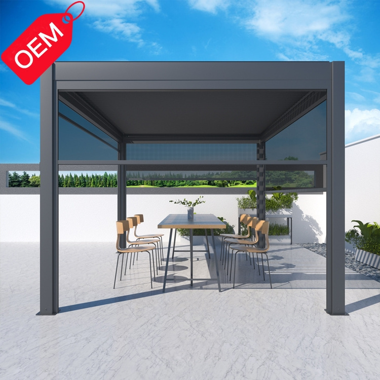 OEM Electric Pergola System Kits Terrace Gazebo Garden Aluminum Louver Roof Pergola with Curtain