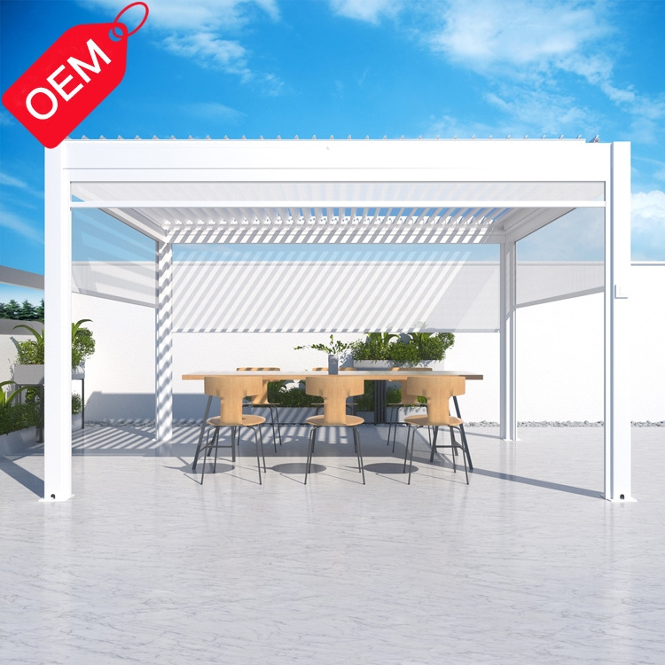 OEM Electric Pergola System Kits Terrace Gazebo Garden Aluminum Louver Roof Pergola with Curtain