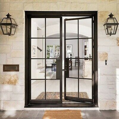 Double Swing Aluminium Glass French Doors Storefront Metal Door With Sidelight