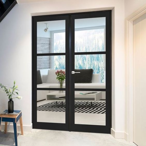 Double Swing Aluminium Glass French Doors Storefront Metal Door With Sidelight