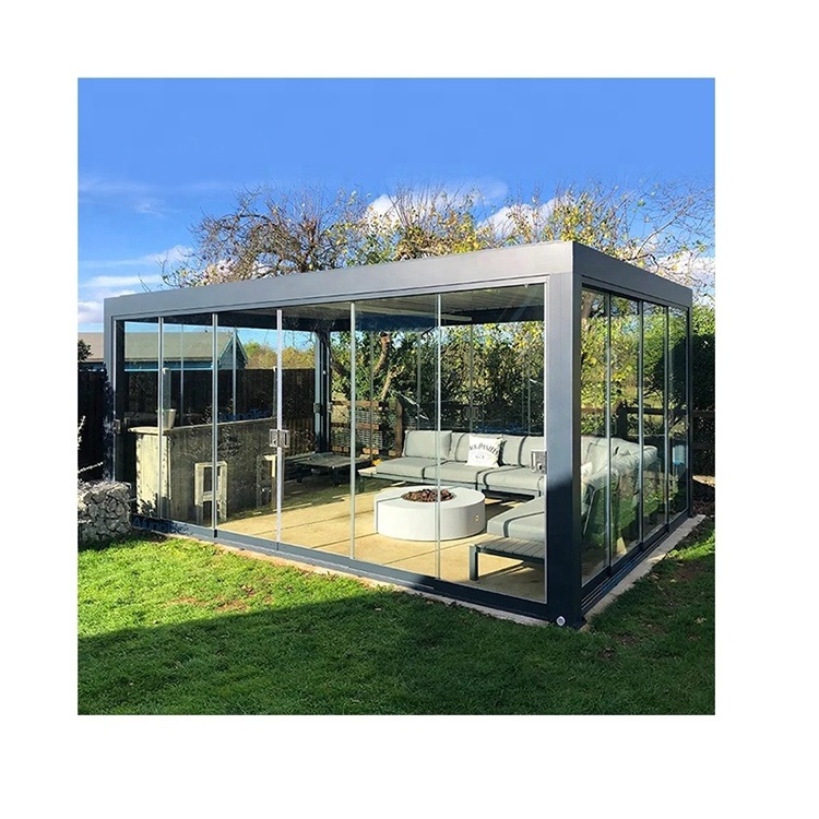 Bioclimatique Waterproof Motorized Aluminium Outdoor Pergola Louver Roof Gazebo with Glass Door