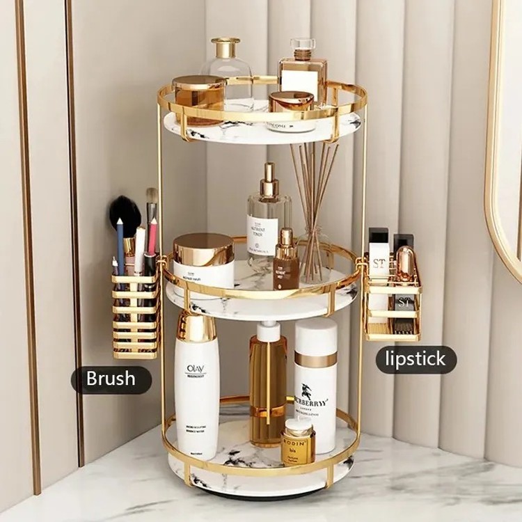 Luxury Gold 3 Tier Bathroom Shelf 360 Rotating Makeup Organizer for Vanity Spinning Dresser Holder Cosmetic Storage Display Rack