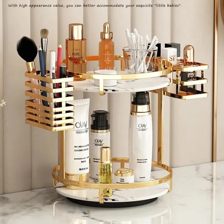 Luxury Gold 3 Tier Bathroom Shelf 360 Rotating Makeup Organizer for Vanity Spinning Dresser Holder Cosmetic Storage Display Rack