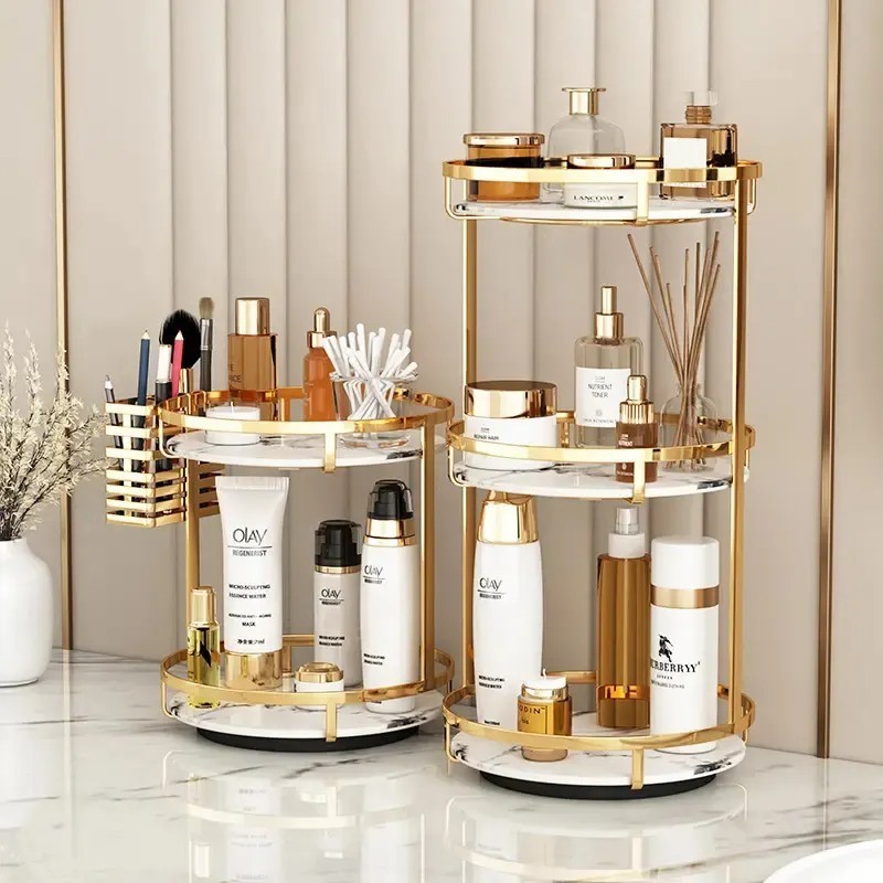 Luxury Gold 3 Tier Bathroom Shelf 360 Rotating Makeup Organizer for Vanity Spinning Dresser Holder Cosmetic Storage Display Rack