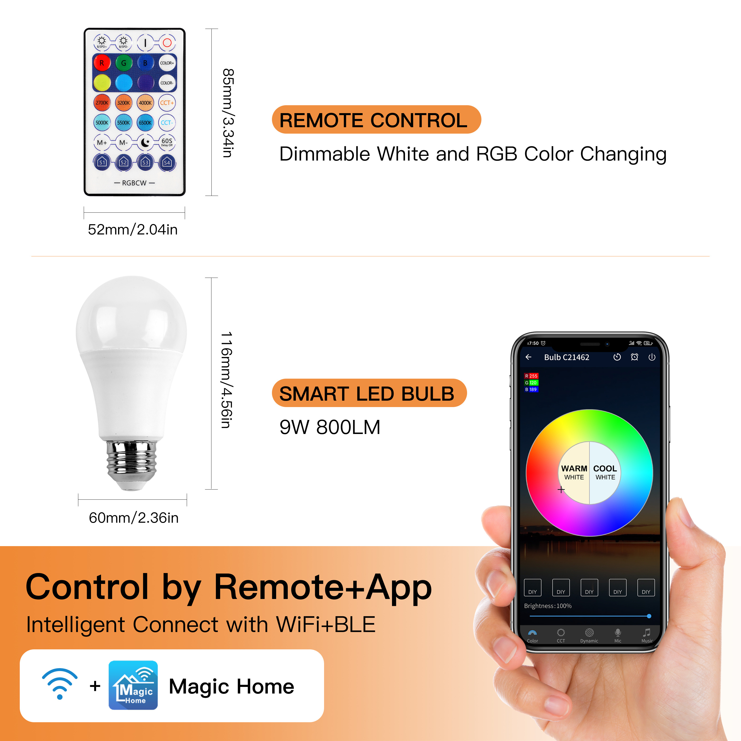 100-130V 800 Lumen 9W E26 Smart LED Bulb with 2.4GHz Wifi Dimmable LED Light Bulb Works with Alexa Google Home