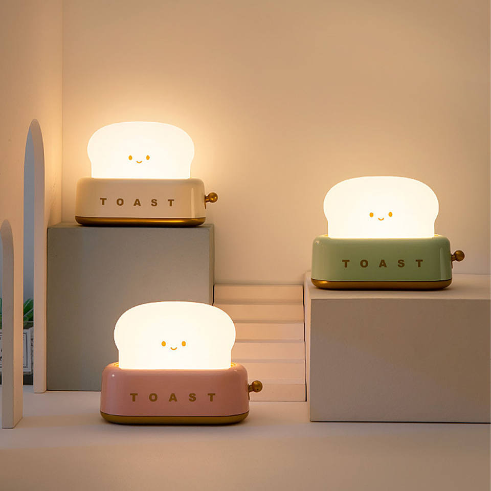 Cute Desk Decor Toaster Lamp Kawaii LED Toast Bread Night Light Rechargeable Mini Light with Timer