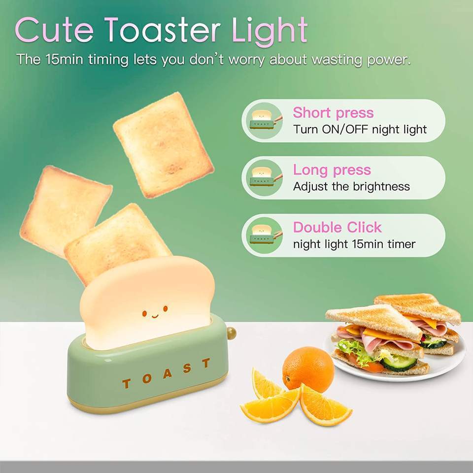 Cute Desk Decor Toaster Lamp Kawaii LED Toast Bread Night Light Rechargeable Mini Light with Timer