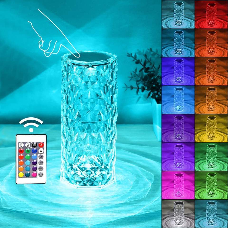 LED Rose Crystal table Lamp 16 Colors Changing RGB Touch Lamp USB Romantic LED Rose Diamond desk Lamps for Bedroom Living