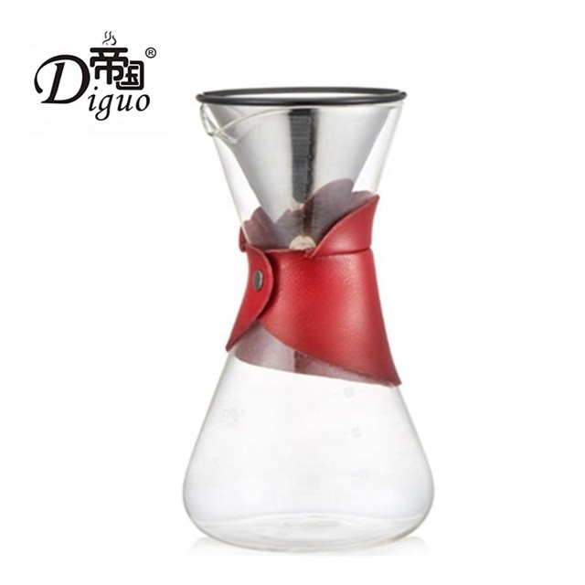 Diguo 600ml 20 Oz White Color Leather Collar Glass Share Pot Coffee Tea Maker With Stainless Steel Filter Cone