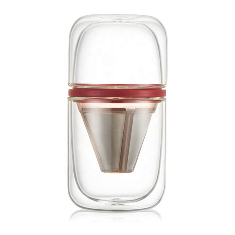 Diguo 250ml Portable Red Color Heat Resistant Glass Double Layer Tea Coffee Brew Cup With Stainless Steel Mesh