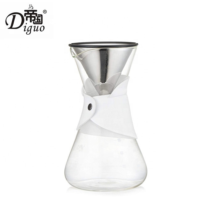 Diguo 600ml 20 Oz White Color Leather Collar Glass Share Pot Coffee Tea Maker With Stainless Steel Filter Cone