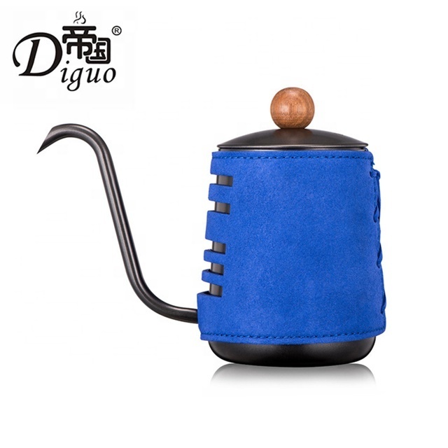 Hot Style 350ml 12Oz Blue Leather Wrapped Stainless Steel Gooseneck Pour Over Coffee Kettle