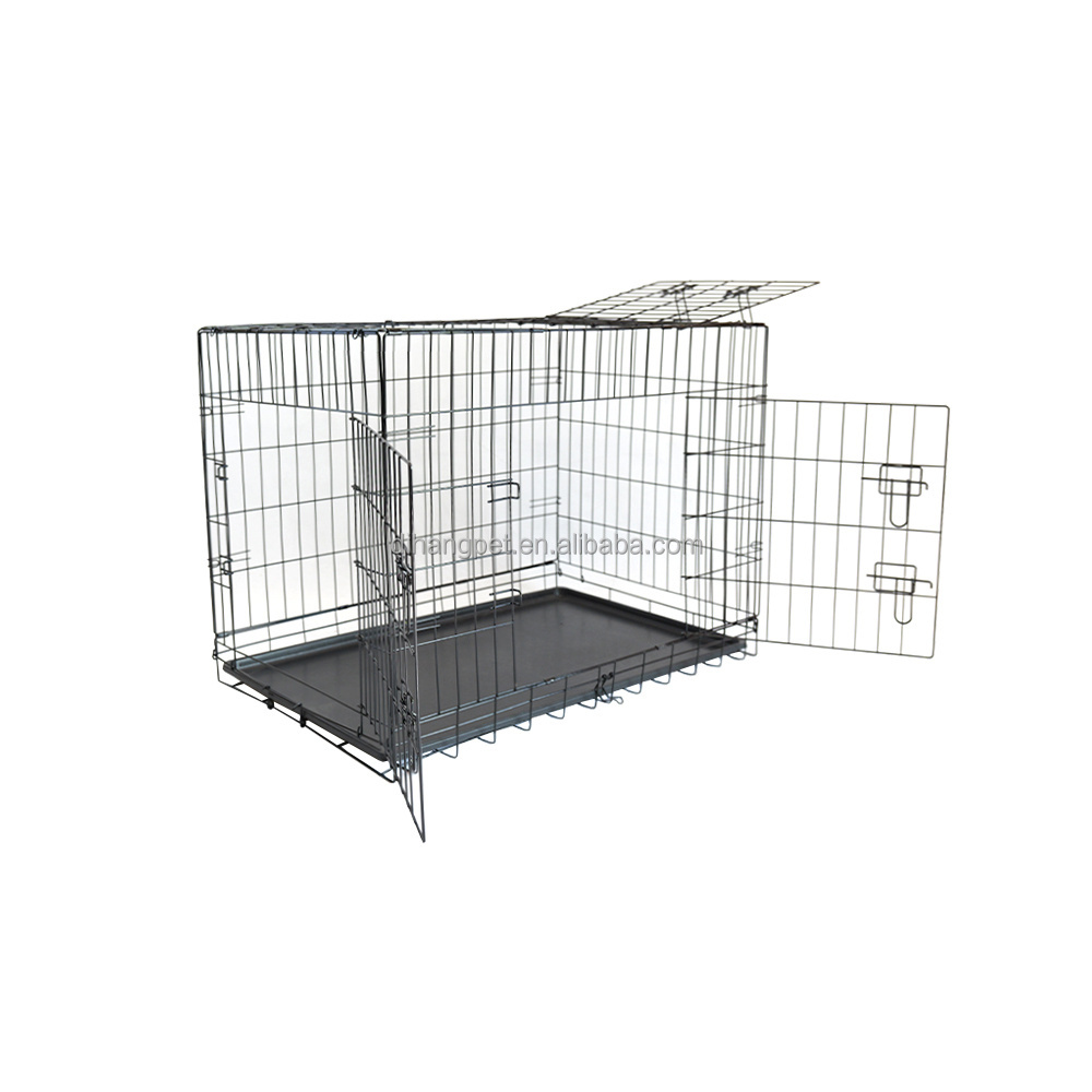 Wholesale Folding Pet Dog Crates Dog Cages Metal Kennels with 3 Doors Chew Resistant Plastic Base Tray and Carrier Handle