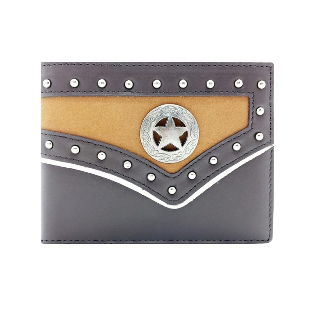 Factory Wholesale Western Leather Wallets for Men Cowboy FRID Bifold Card Holder Wallet Inlaid with Indian Concho