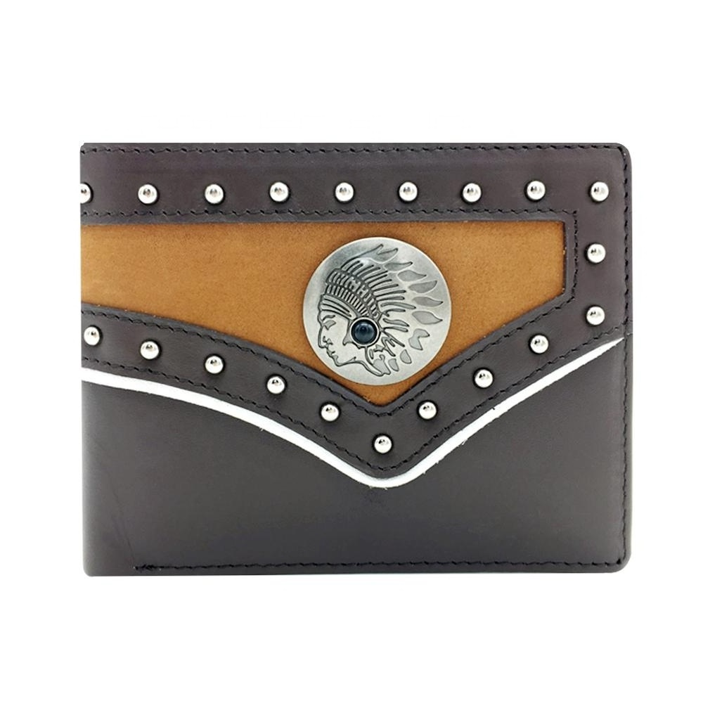 Factory Wholesale Western Leather Wallets for Men Cowboy FRID Bifold Card Holder Wallet Inlaid with Indian Concho