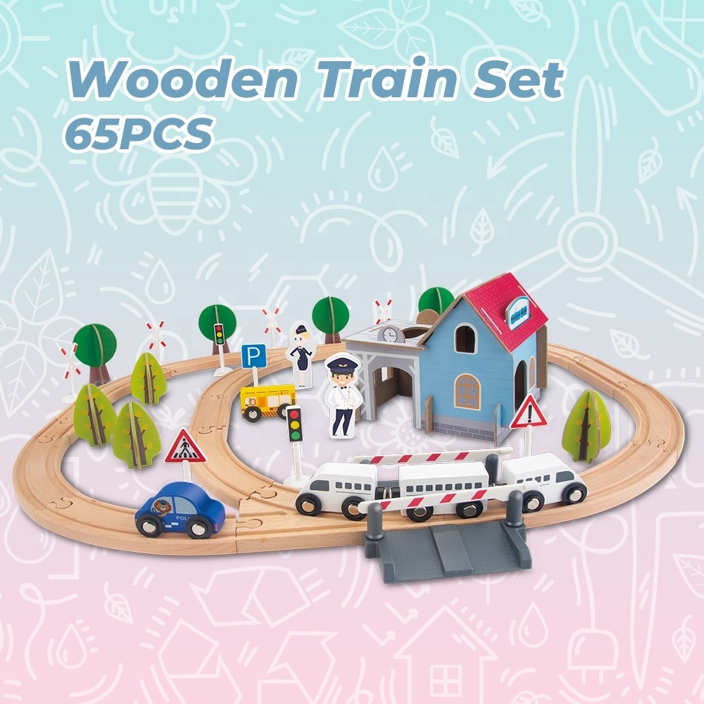 Toy Wooden Train Track Kids Car Assembly Wood Toys Race Track Educational Toy 65PCS Wooden Play Set