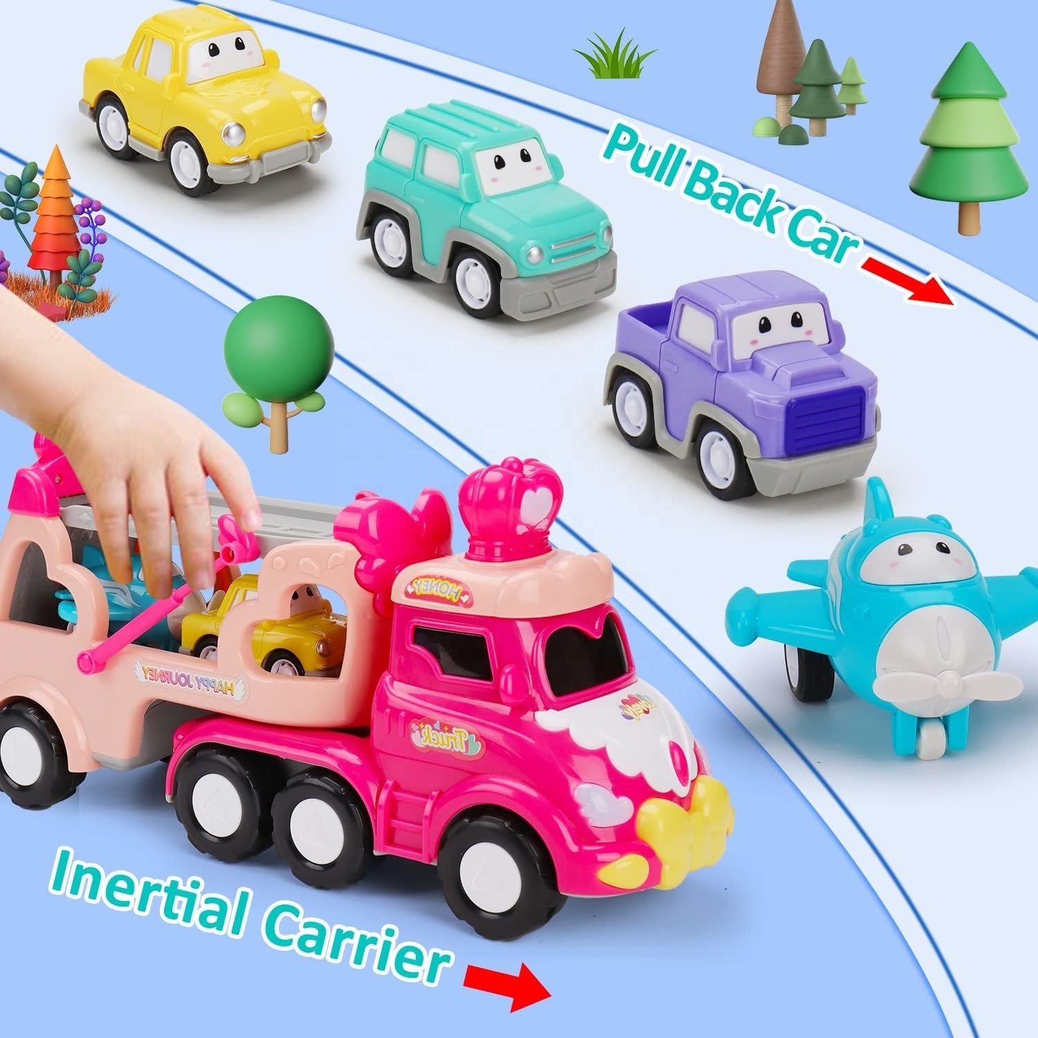 5-in-1 Pink Princess Transport Car Carrier Truck Toddler Toys with Lights and Music Cartoon Freewheel Toy Car for Girls