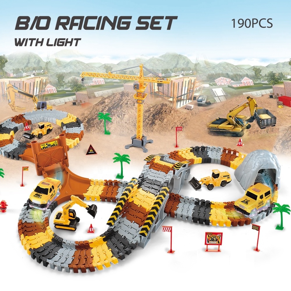 DIY Construction Race Tracks Kids Toys Car Track Play Set Engineering Vehicles Toy Electric Car with 2 LED Lights 190PCS