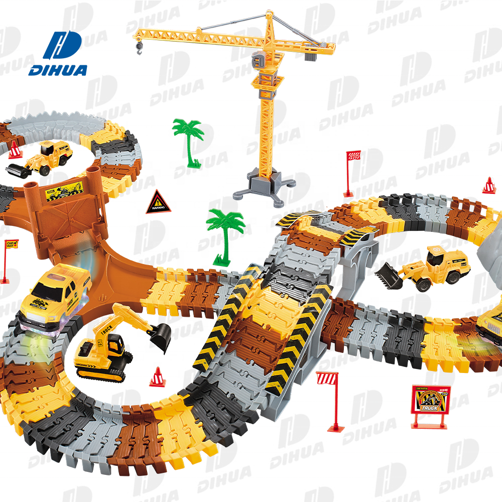 DIY Construction Race Tracks Kids Toys Car Track Play Set Engineering Vehicles Toy Electric Car with 2 LED Lights 190PCS