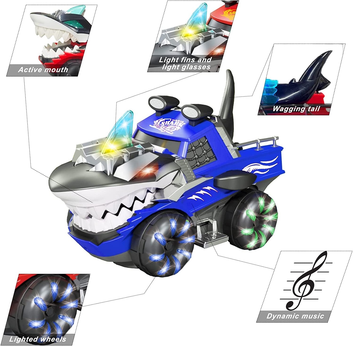 Battery Powered Car Shark Monster Trucks for Kids, Big Shark Car Lights Up Toy with Sounds Children Vehicle Monster Truck