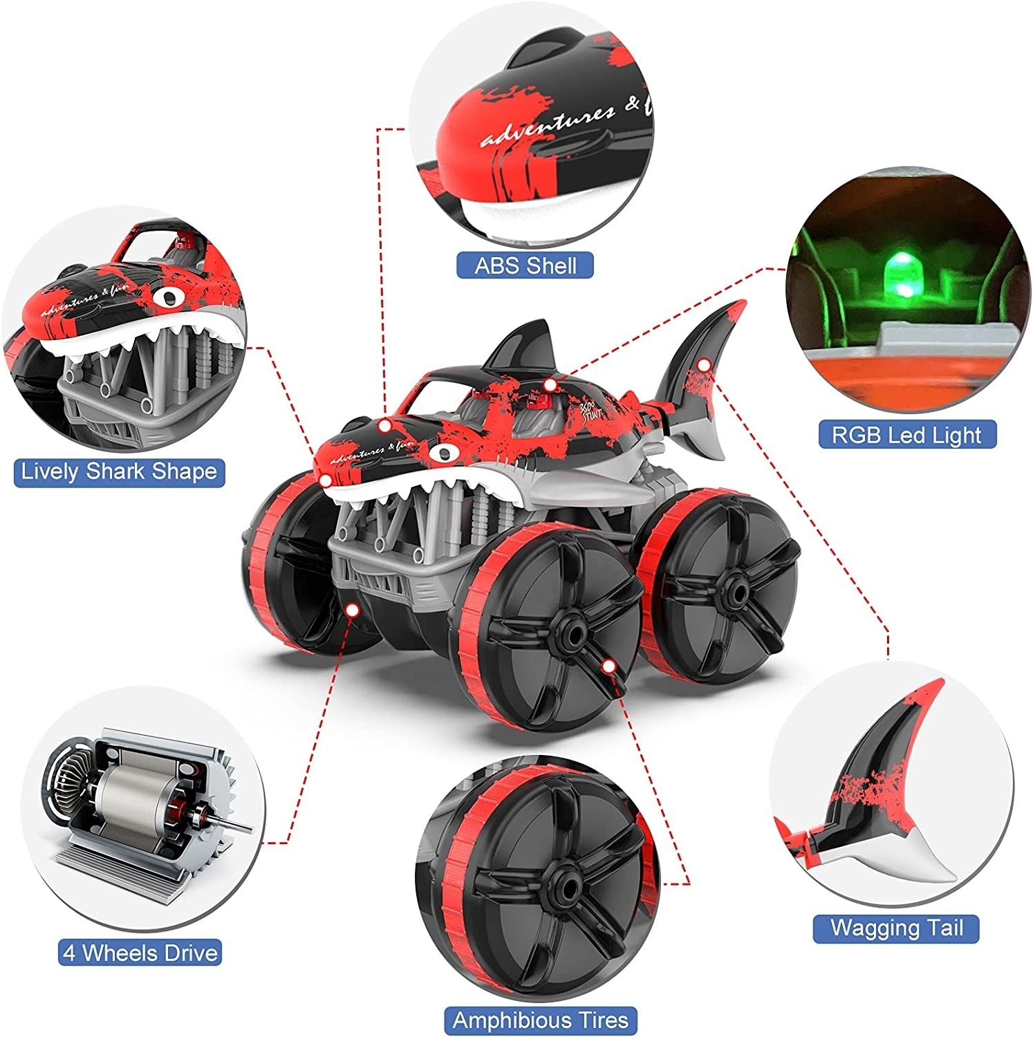 RC Shark Car 2.4 Ghz Amphibious Stunt Car Remote Control All Terrain 360 Degree Spin Stunt Car for Kids