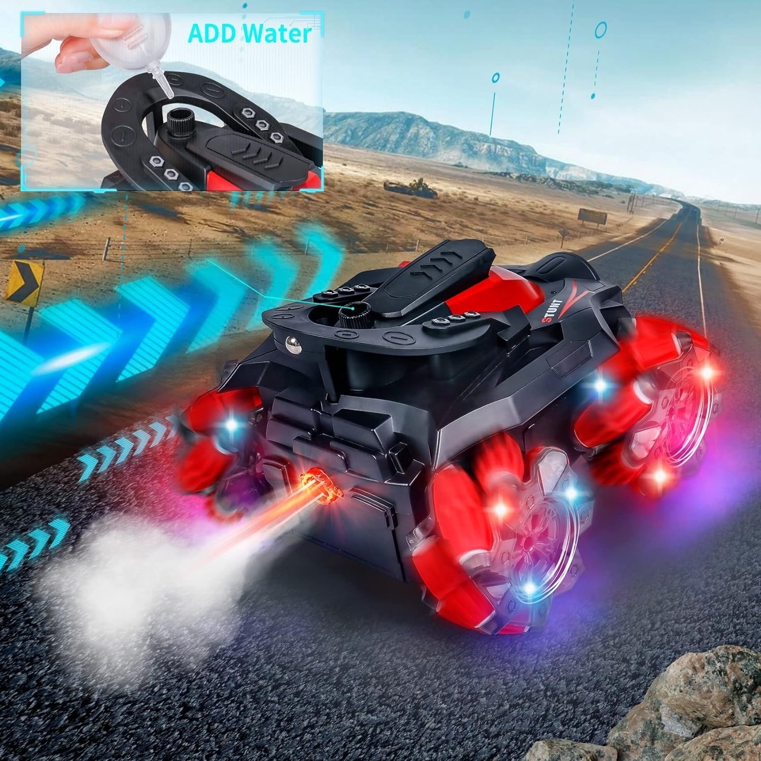 Omnidirectional Wheel Remote Control Toy Car Rotates 360 Degrees, All Terrain RC Stunt Spray Car Toys with Cool Light Effect