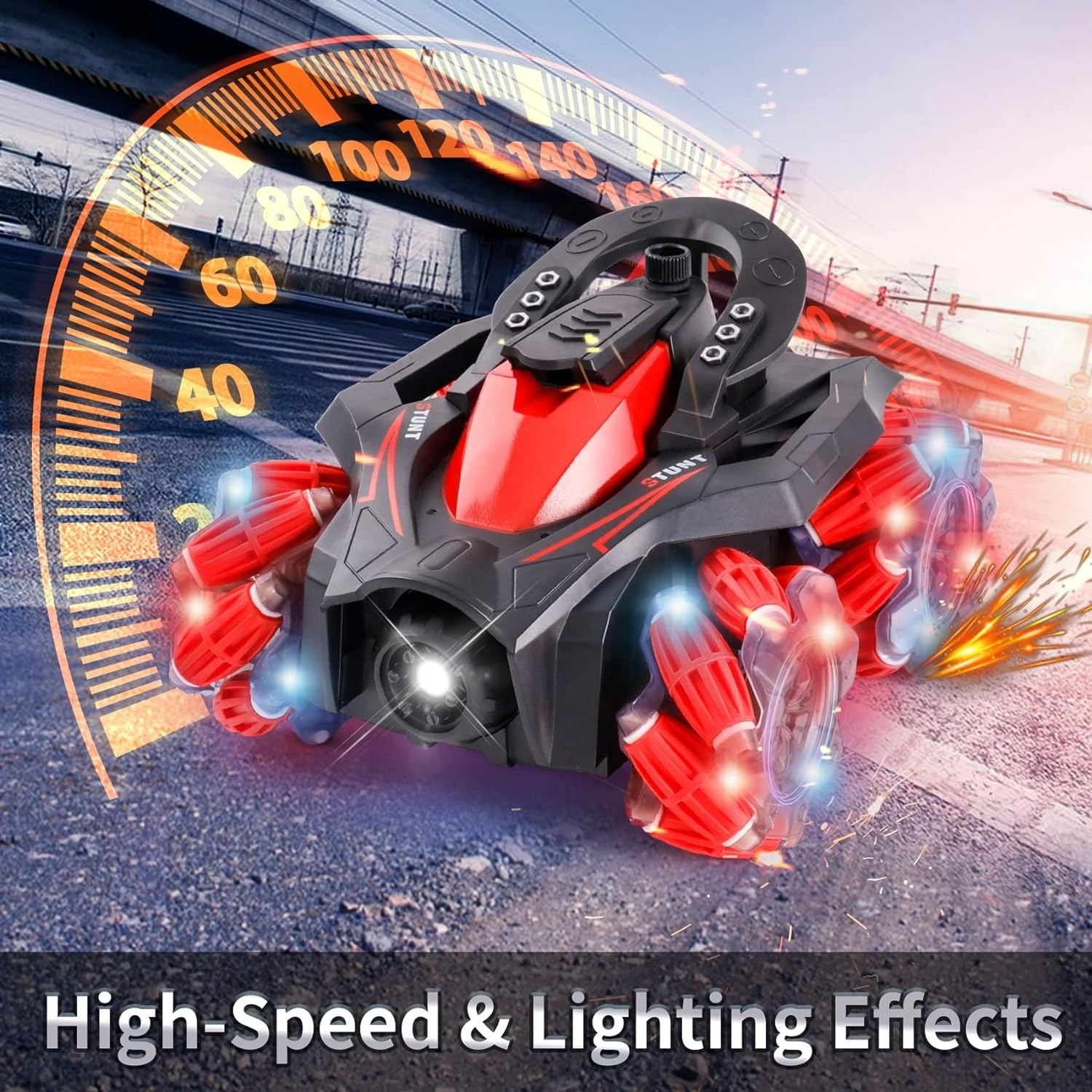 Omnidirectional Wheel Remote Control Toy Car Rotates 360 Degrees, All Terrain RC Stunt Spray Car Toys with Cool Light Effect