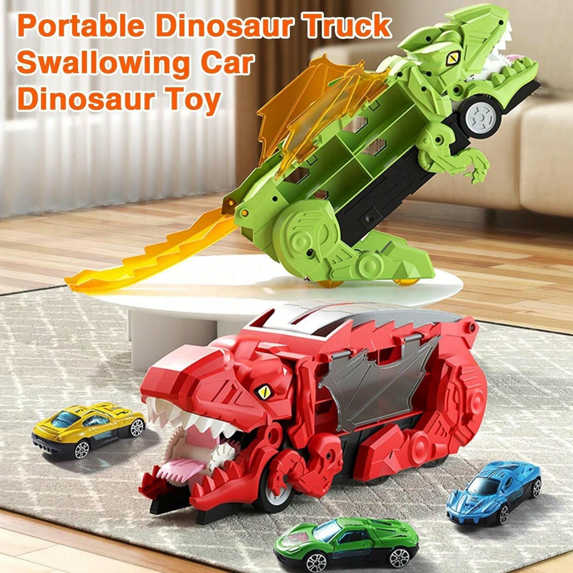 Dinosaur Transport Car Toys Transporter Truck Toy Cars Track Set with 4 Alloy Cars, Truck Toy Transforms into Dino for Toddler