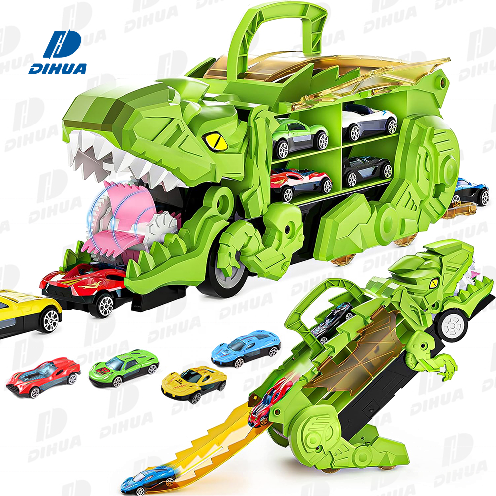 Dinosaur Transport Car Toys Transporter Truck Toy Cars Track Set with 4 Alloy Cars, Truck Toy Transforms into Dino for Toddler