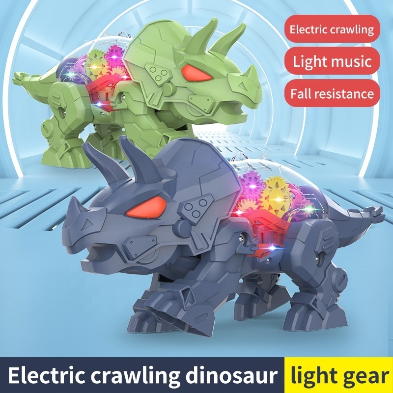 Transparent Electric Gear Dinosaur Toy for Kids Battery Operated Animal Dinosaur Walking Toy with Light and Music