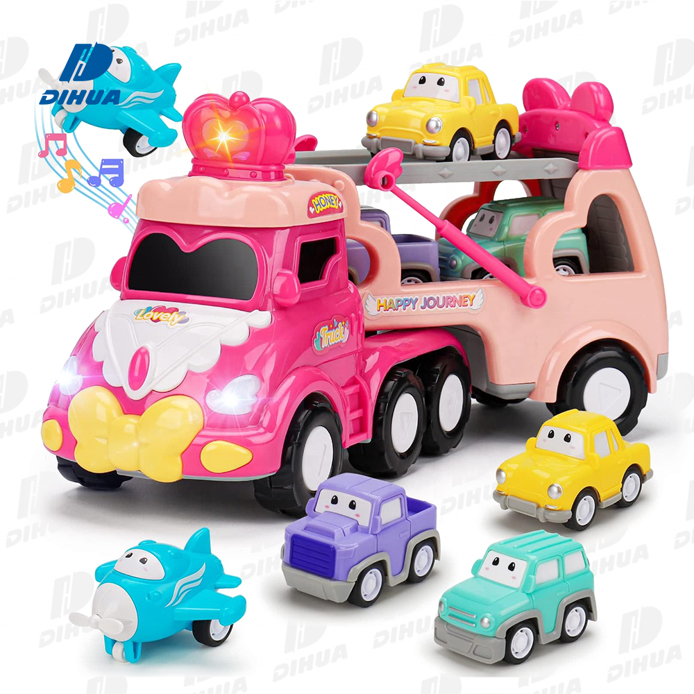 5-in-1 Pink Princess Transport Car Carrier Truck Toddler Toys with Lights and Music Cartoon Freewheel Toy Car for Girls