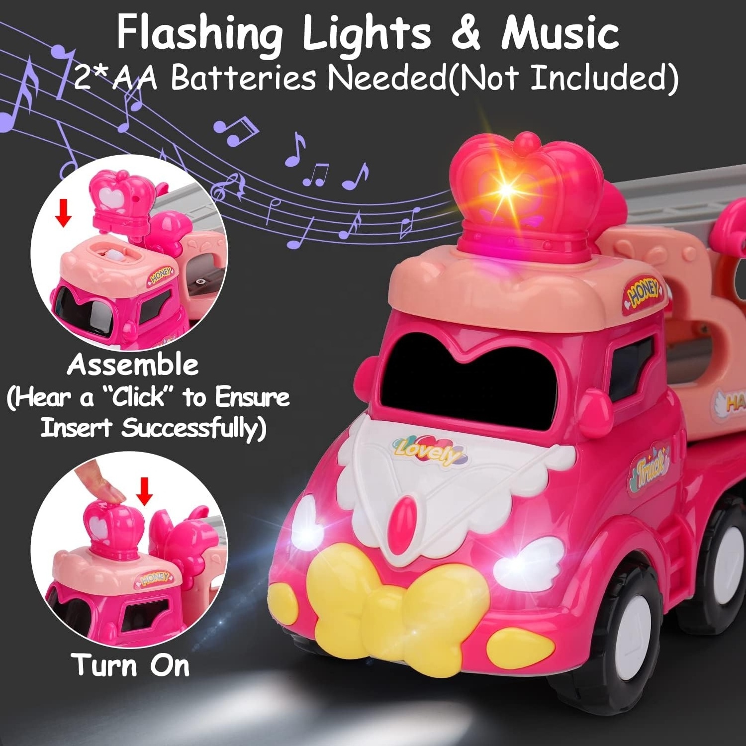 5-in-1 Pink Princess Transport Car Carrier Truck Toddler Toys with Lights and Music Cartoon Freewheel Toy Car for Girls